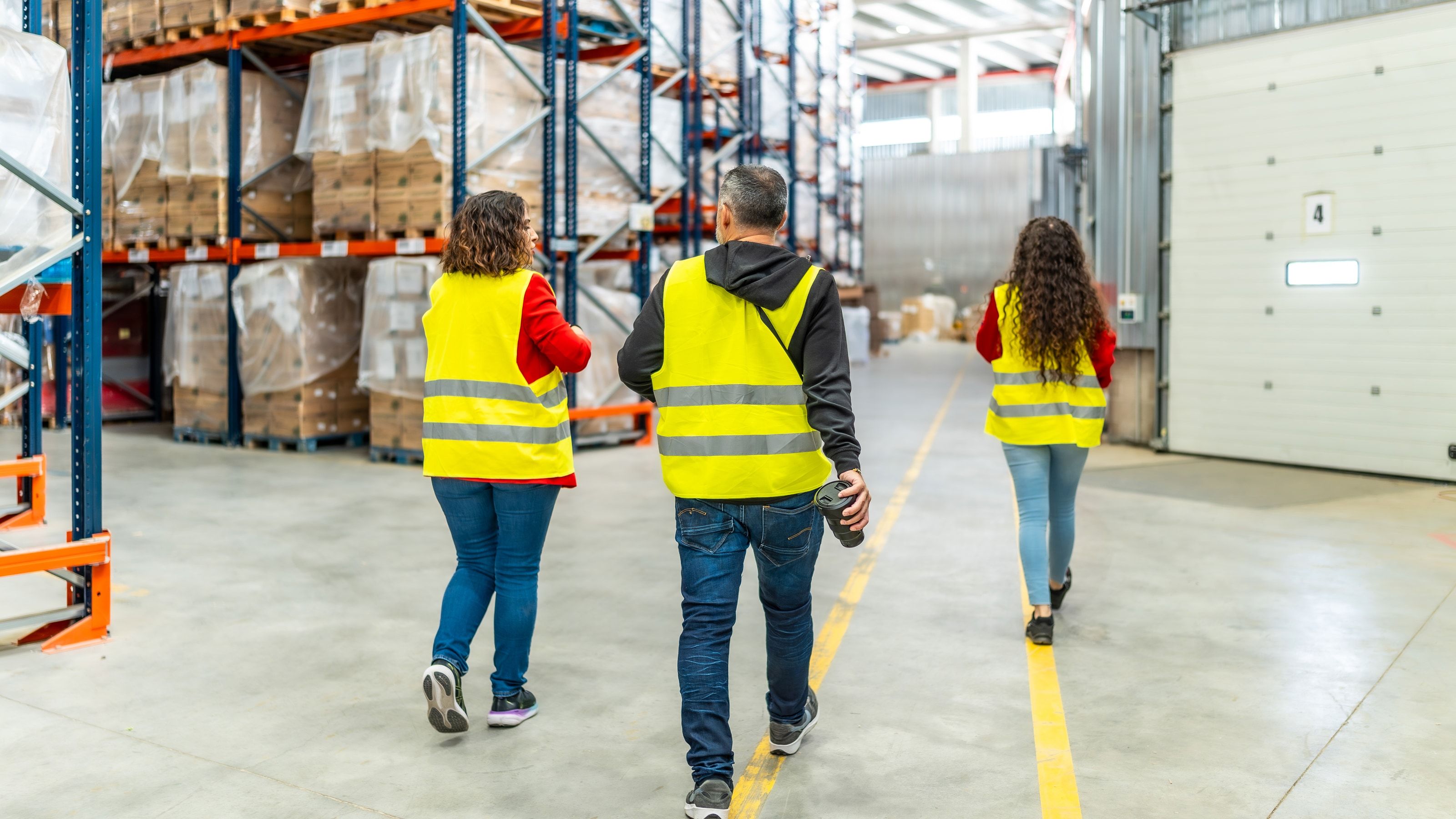 Trabajadores con chaleco caminando por el pasillo principal de un almacén de distribución