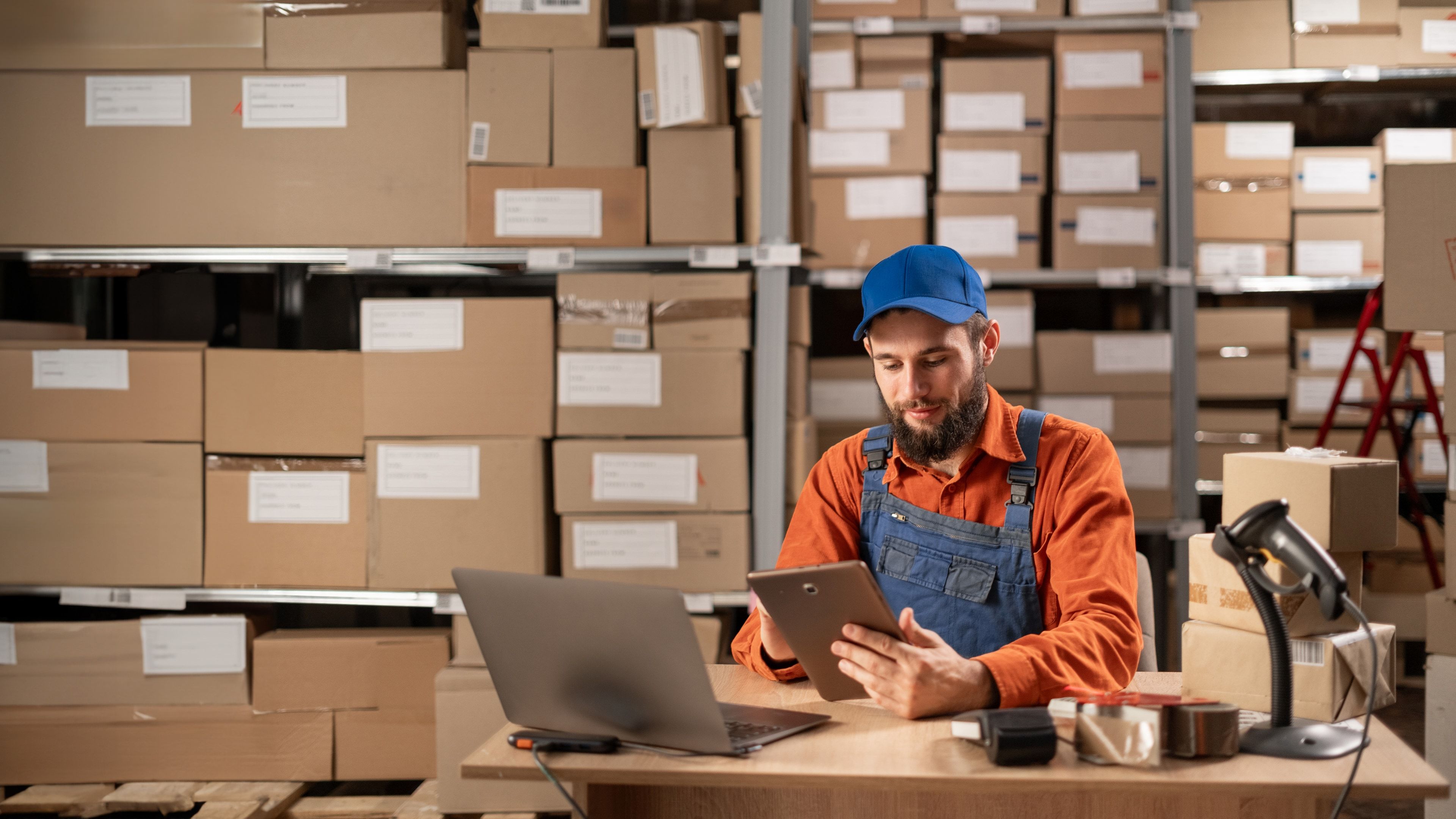 Responsable de almacén revisando datos de inventario en una tableta junto a un portátil, con estanterías de cajas detrás