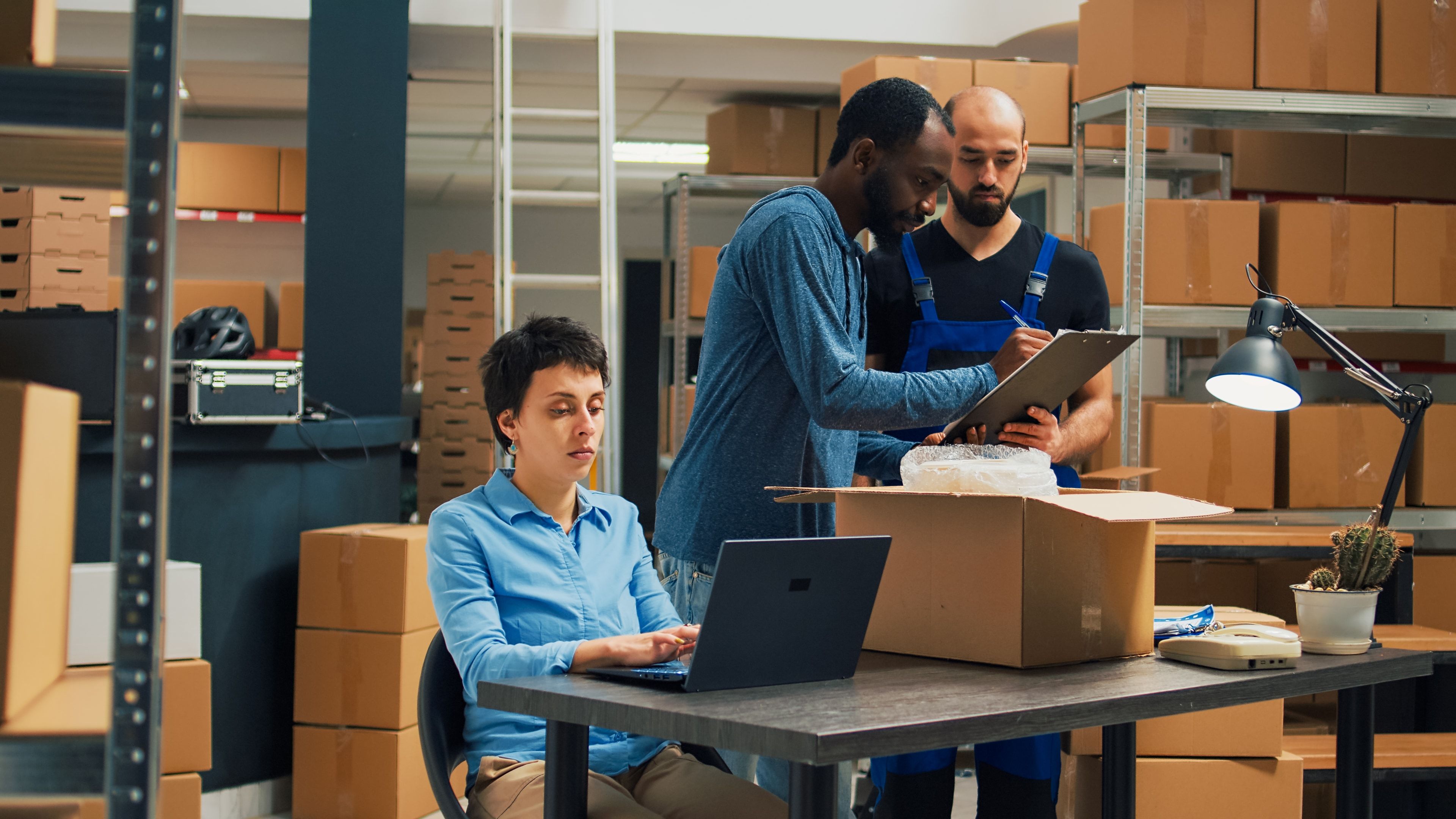 Equipo preparando y embalando pedidos en un almacén con un portátil en la mesa de trabajo